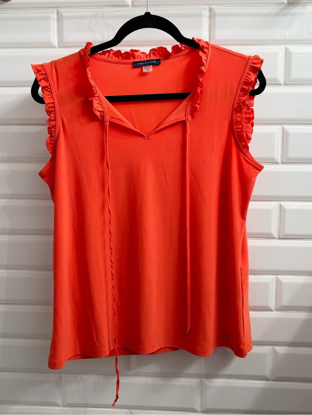 Tommy Hilfiger Women’s Large Orange Sleeveless Blouse with Ruffle Details